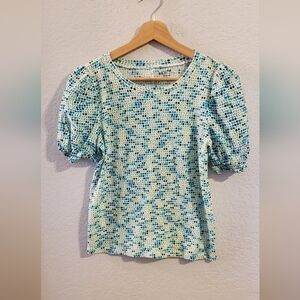 💚5/$25 Loft Puff Sleeve Cotton Top Multi-Colored Mosaic Print Blouse